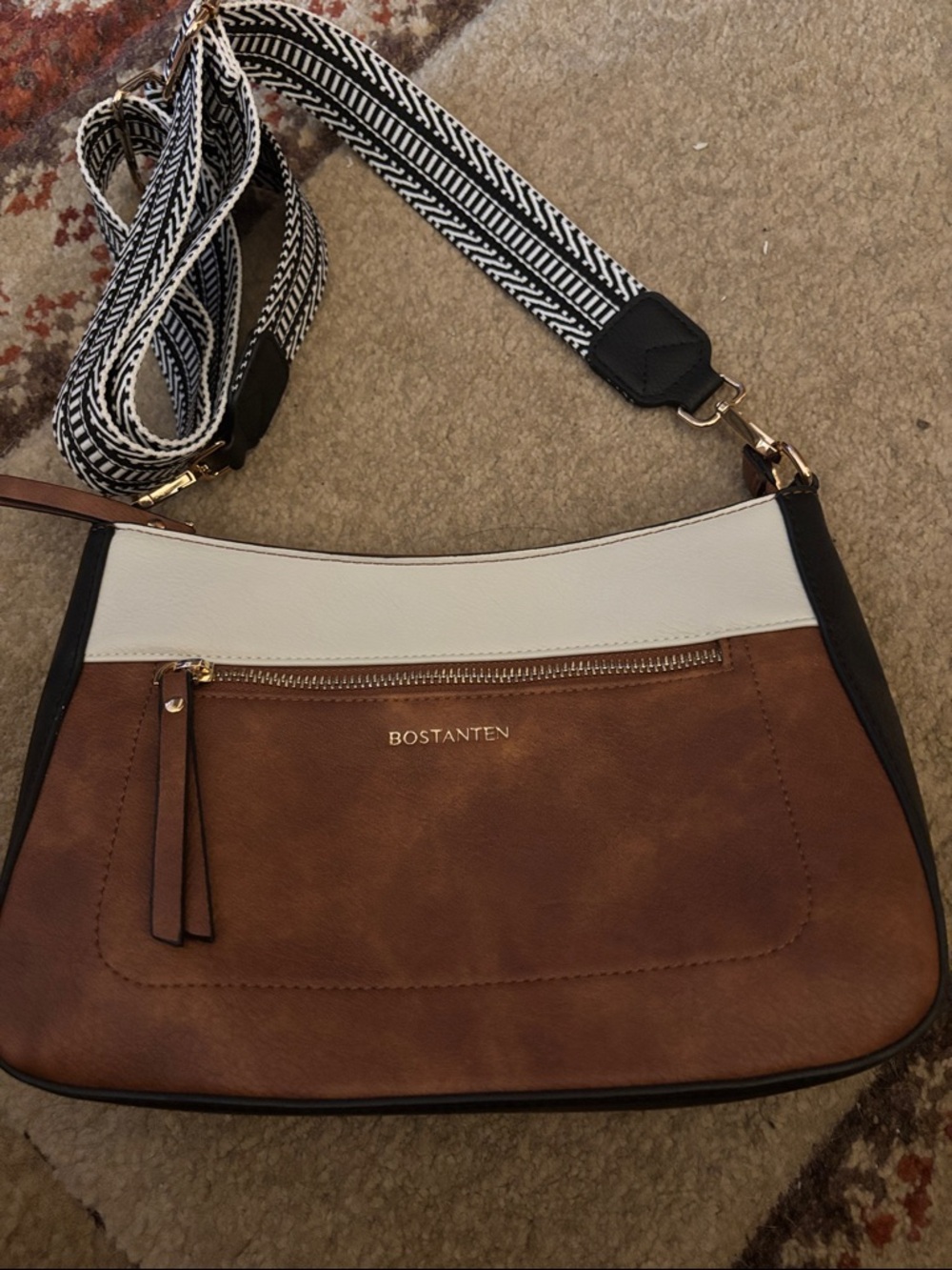 Two-Tone Brown and White Crossbody Bag with Patterned Strap